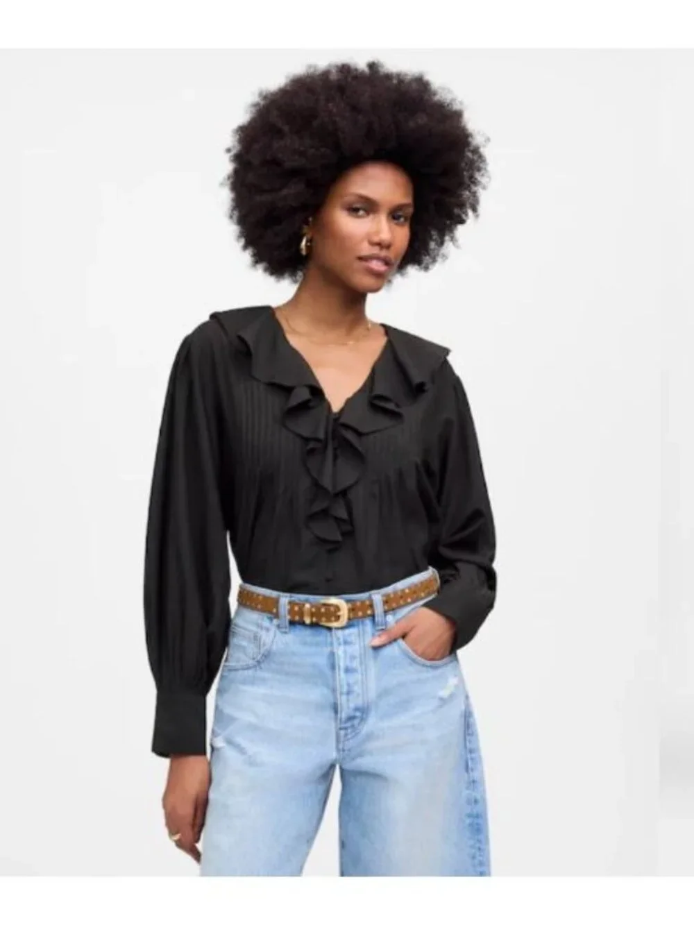 Madewell Ruffled Pintucked Long Sleeve Top Size M Button Up NWT Black Blouse